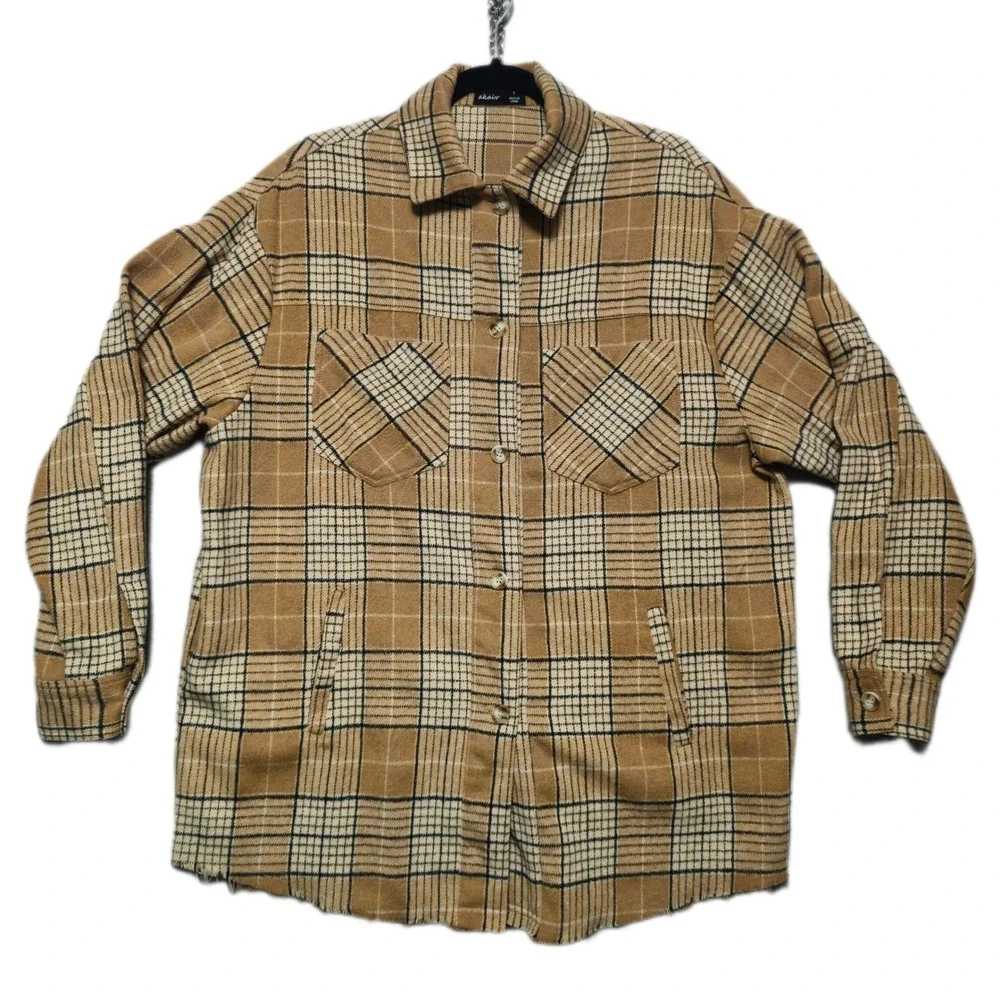 Akair Plaid Flannel‎ Shacket Womens Oversized Small Button Down Distressed Hem